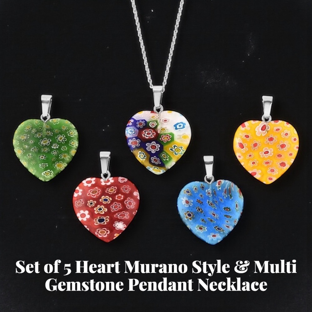 Set of 5 Heart Murano Style & Multi-Gemstone Pendant Necklace